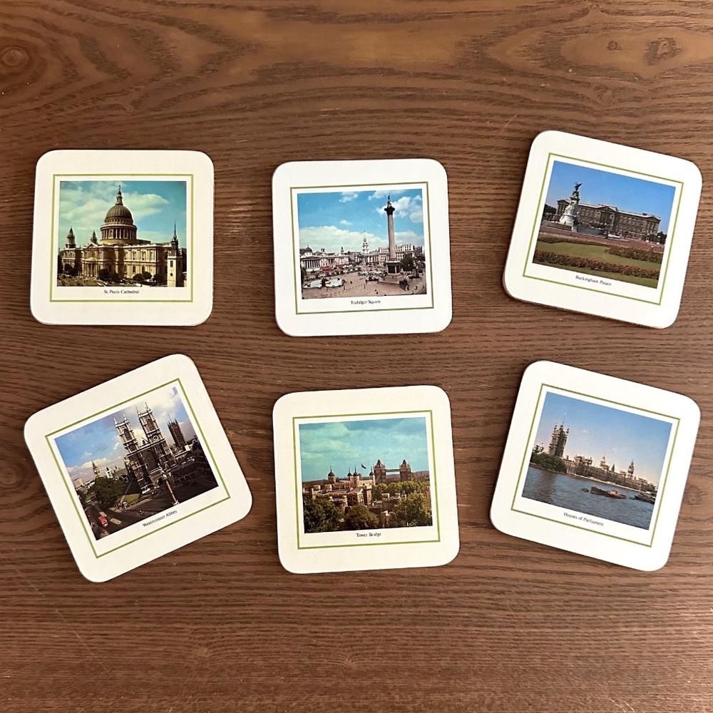Vintage Set of 6 • Clover Leaf Cork Coaster Box Set • Views of London England •